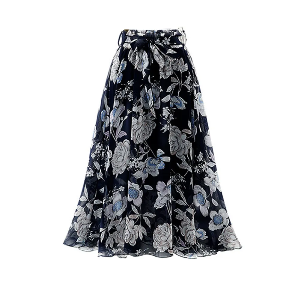 

KLV 2019 Womens Plain Knee Length Ladies Soft Stretch Flared Printed Skater Midi Skirt free shipping D4