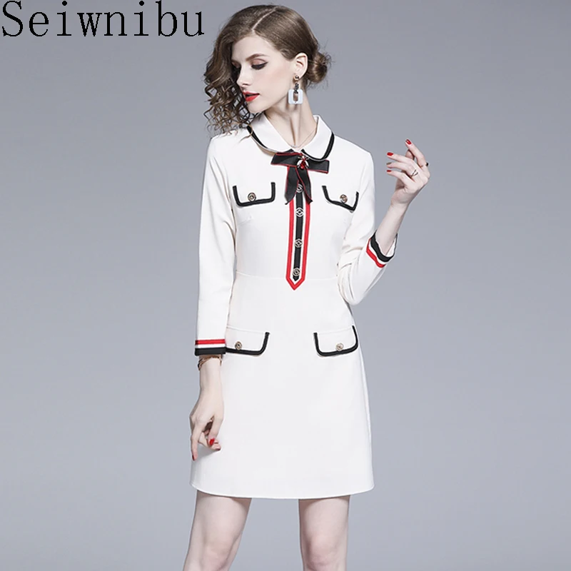 

2019 Summer Designer Runway Dress Women Short Sleeve Striped Weave Button Decorate Cartoon Bow tie Beading Mini A-Line Dress