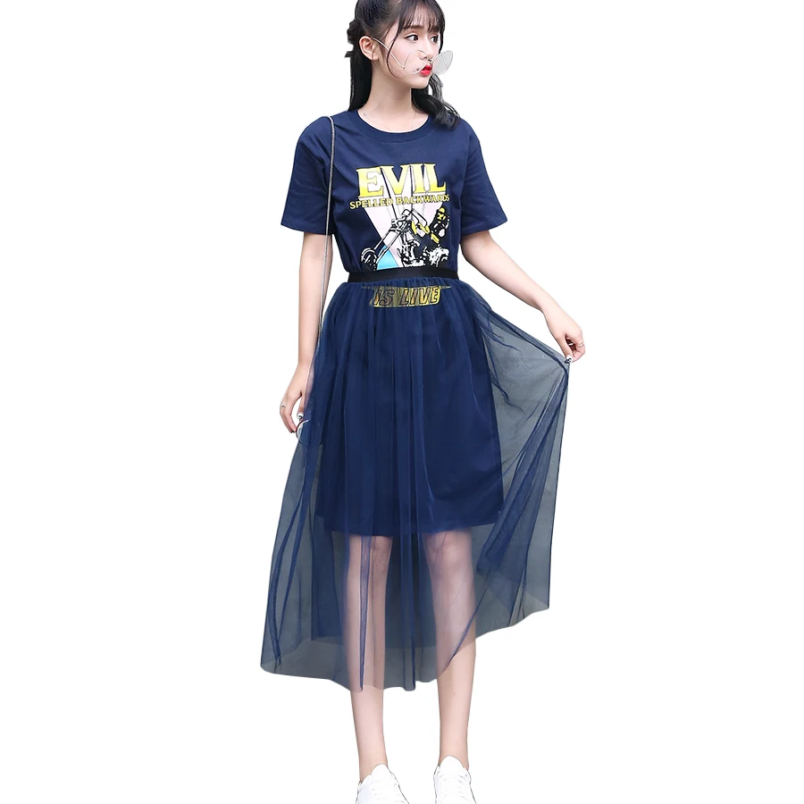 

2019 Summer New Women Long t-shirt and Skirt Set Two Pieces Dress Set Letter Print korean Mesh Skirts Suit female 2 piece set