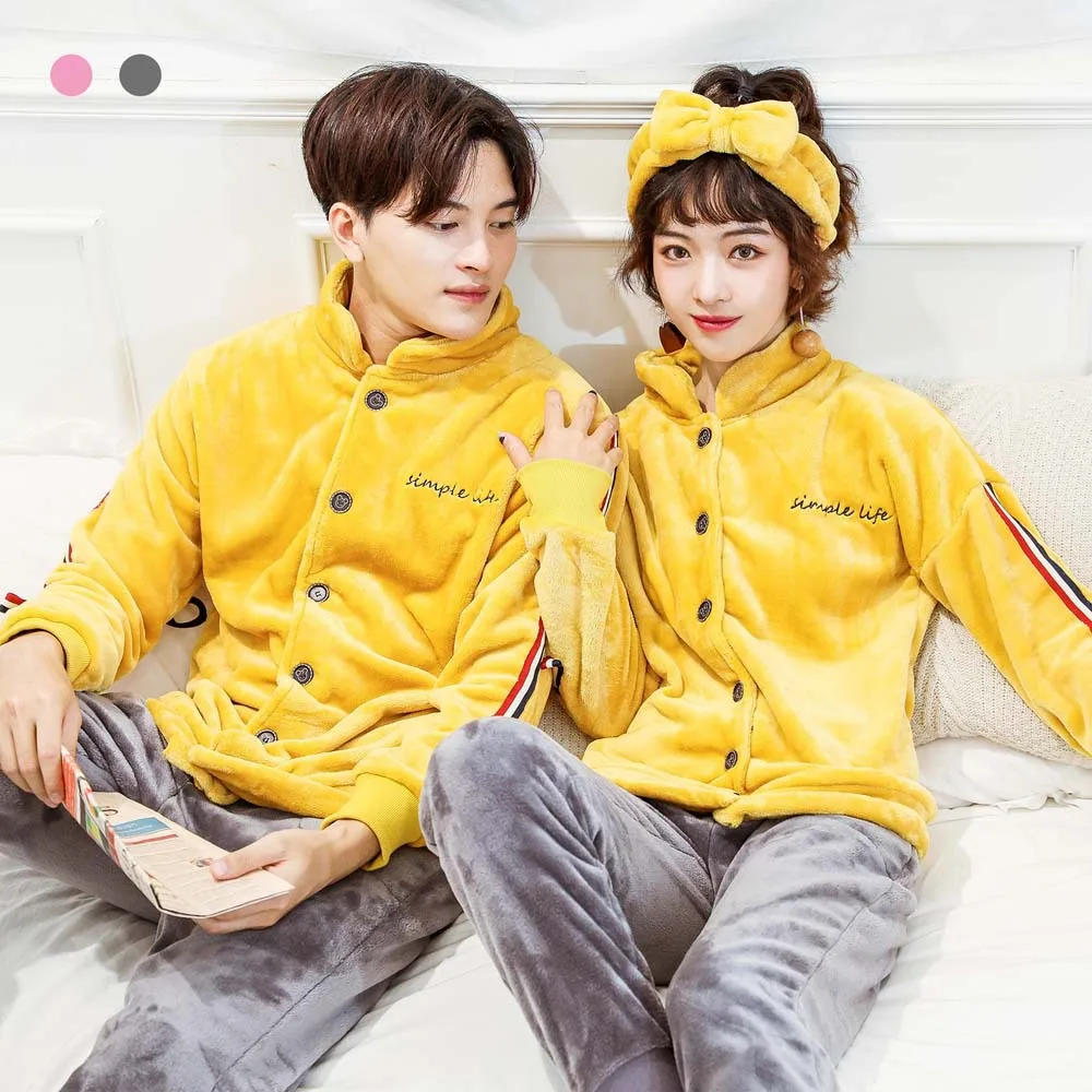 

JINUO Fashion Winter thicken flannel pyjamas sets women Warm couple sleepwear simple soft elegance male long-sleeve warm pajamas