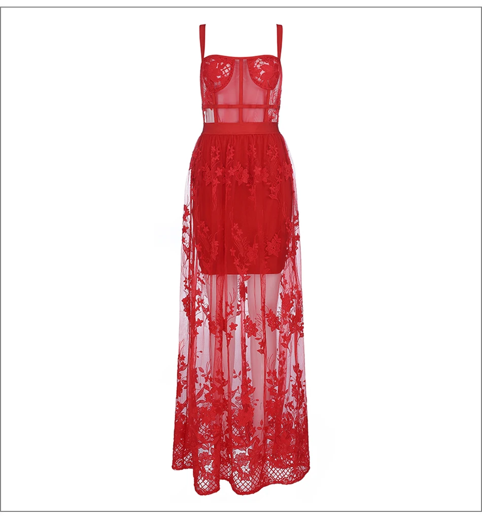 Пикантные Красные кружевные Для женщин Бандажное платье осень Спагетти ремень облегающее Клубное длинное перспектива модные вечерние рождественское платье