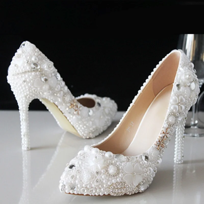 

Newest Summer Crystal High Heel Sandals Wedding Shoes White Flowers Platform Metal Decorations Shallow Sandals Thin Heels Shoes