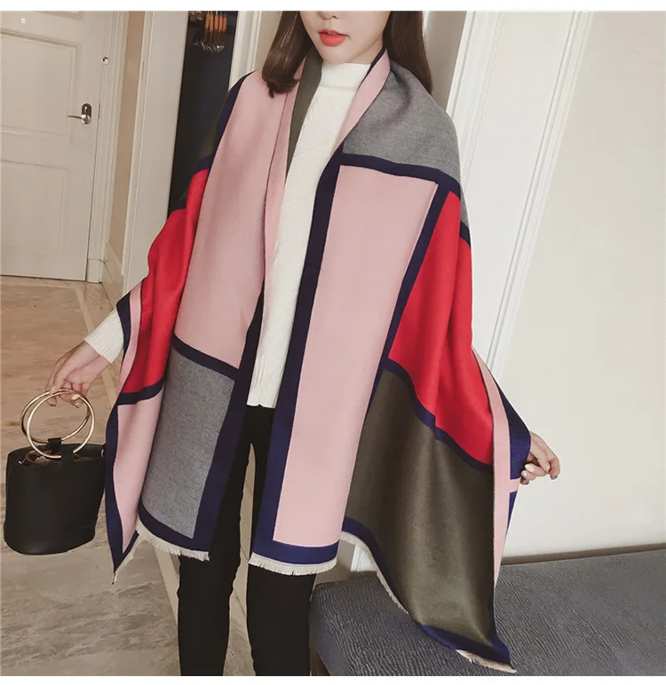 Chanycore Colorblock bow Fashion Winter scarf cashmere pashmina women scarfs Colorblock double-sided warm thick shawl for ladies