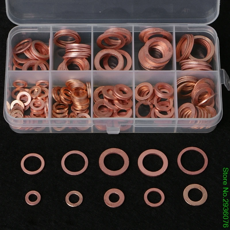 

200PCS Copper Washers Gasket Set 9 Sizes Flat Ring Seal Kit With Plastic Box Drop Ship Support