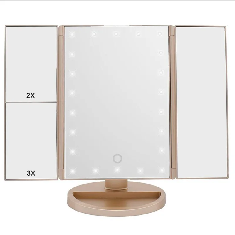 Золотой светодиодный зеркало для макияжа trifold 10X3X 2X 1X увеличительные зеркала с сенсорным экраном и 180 регулируемой подставкой туалетное зеркало