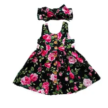 Летнее платье для девочек; Детские Платья с цветочным рисунком; костюмы для девочек с пуговицами; платье принцессы; подходящая повязка на голову