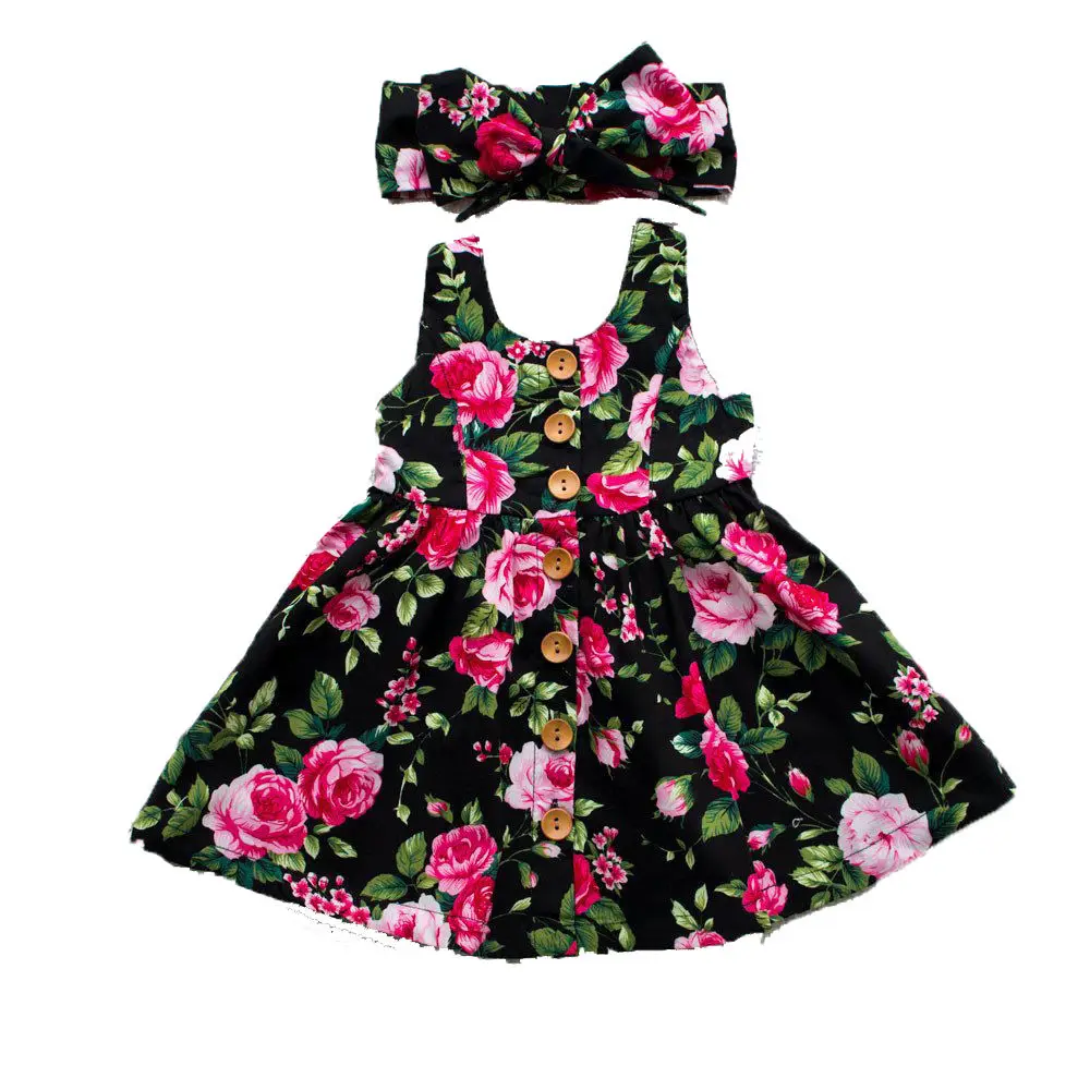 

Summer Girls Dress Kids Floral Dresses Girls Costumes with Button Princess Dress Matched Headband