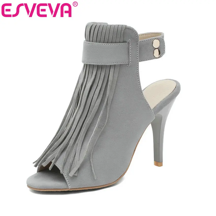 

ESVEVA 2019 Ladies Sandals High Heel Buckle Ankle Strap Flock Ladies Buckle Peep Toe Women Shoes Party Summer Size 34-43