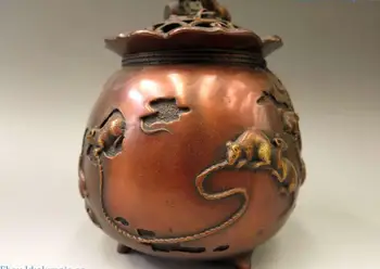 

China bronze censer carved fine red copper many mouse rat Incense Burner Statue