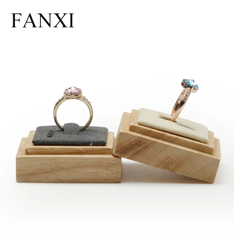 FANXI Solid Wood Creamy-white&Gray Single Ring Display Stand with Microfiber for Jewelry Shop Exhibition Ring Display Holder Jewelry Packaging