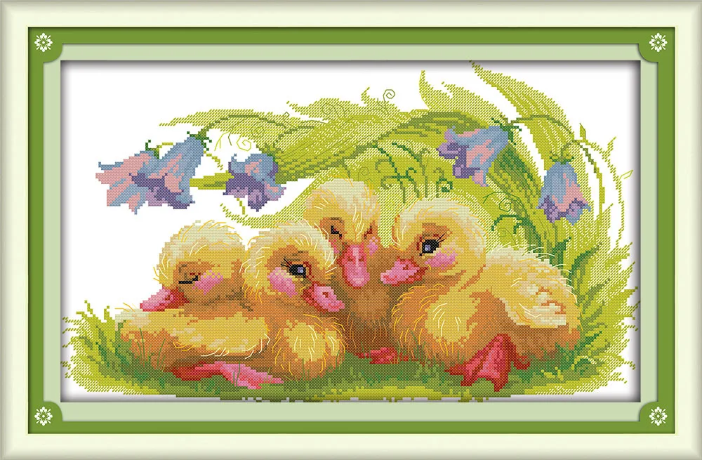 

Two The baby ducks Canvas DMC Counted Cross Stitch Kits printed Cross-stitch set Embroidery Needlework
