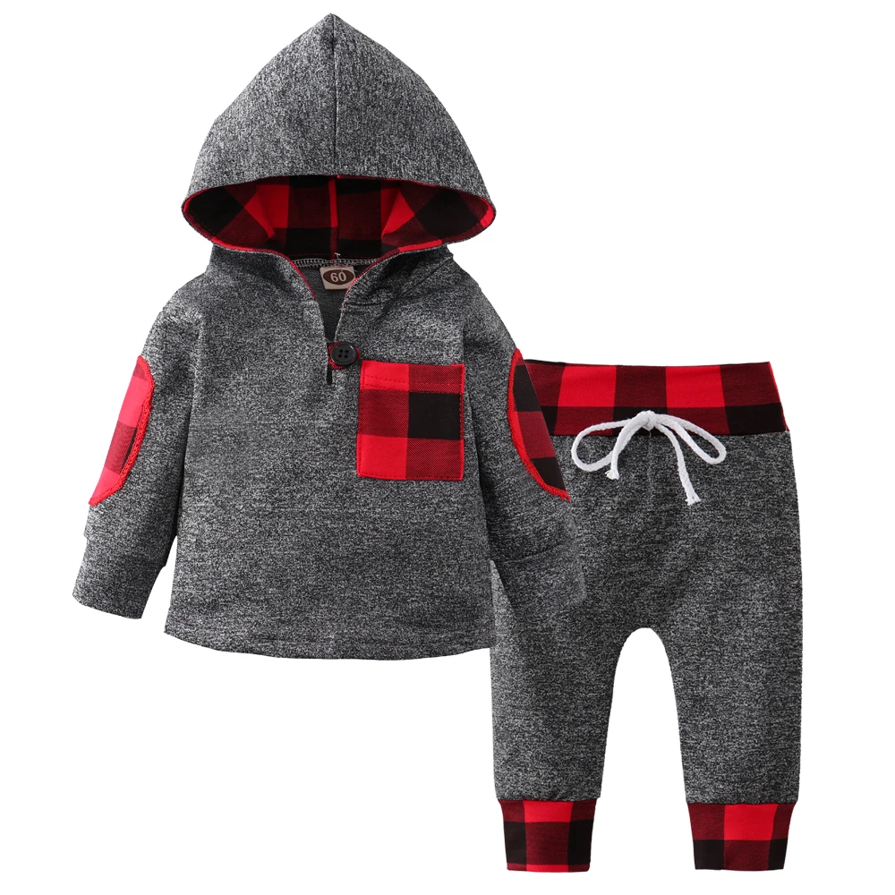 

Newborn Baby Boy Clothes Cute Gray Long Sleeve Hooded Tops Pants Outfits 2Pcs Autumn Winter Suit Toddler Clothing Set