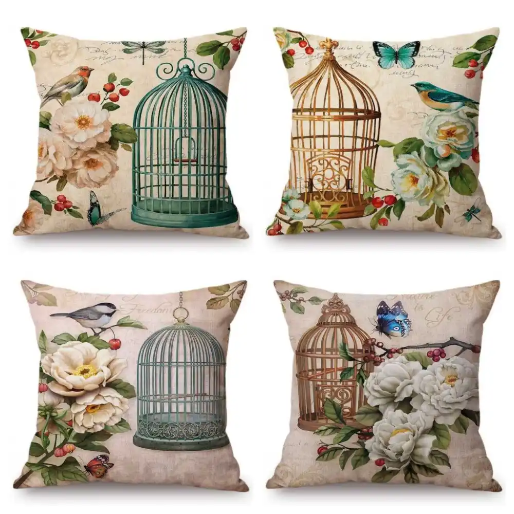 Elegante Blumen Vogel Kafig Zeichnung Home Dekorative Sofa Werfen Kissen Fall Vintage Blume Vogel Poster Design Leinen Kissen Abdeckung Cushion Cover Aliexpress