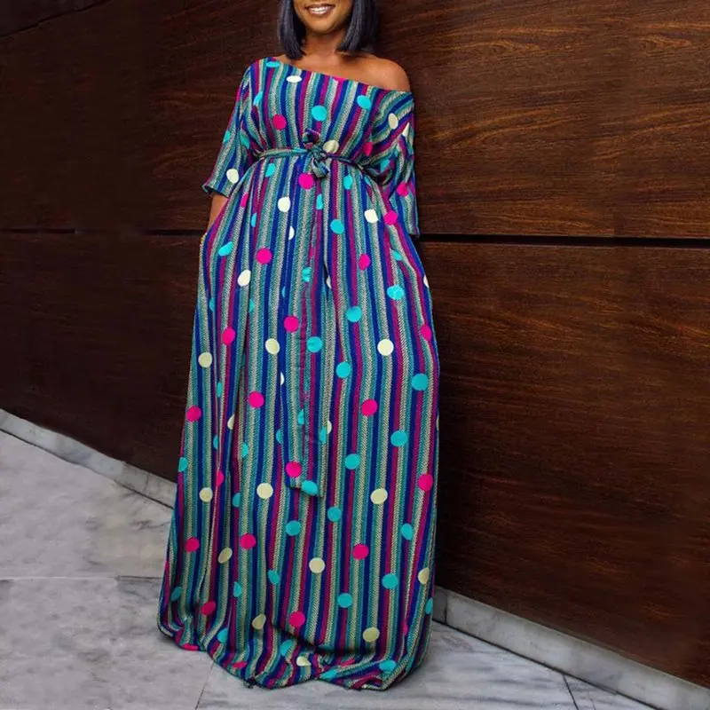 Женское платье макси в горошек в Африканском этническом стиле, в зеленую полоску, свободное, повседневное, большое, свободное, халат, высокая талия, на шнуровке, женские длинные платья - Цвет: Синий