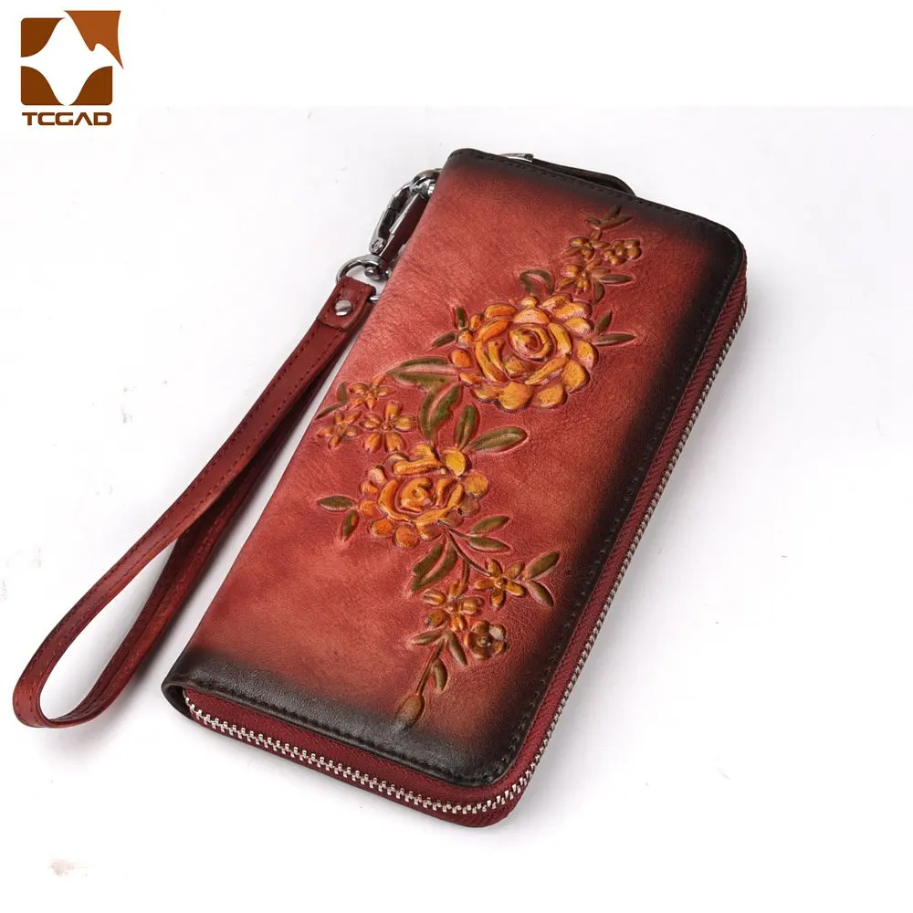 

New Ladies Genuine Leather Wallets Embossed flower Wristlet Phone Wallet Women Vintage pattern multi-card wallet Casual handbag