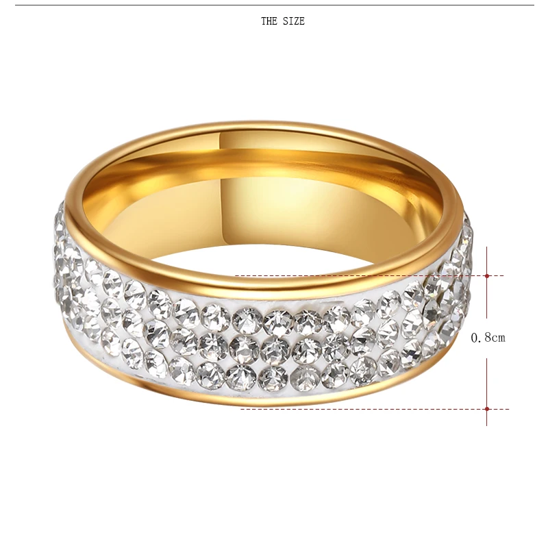CACANA Full Size 8mm three row clear crystal Stainless steel Wedding rings fashion jewelry Made with Genuine CZ Crystals