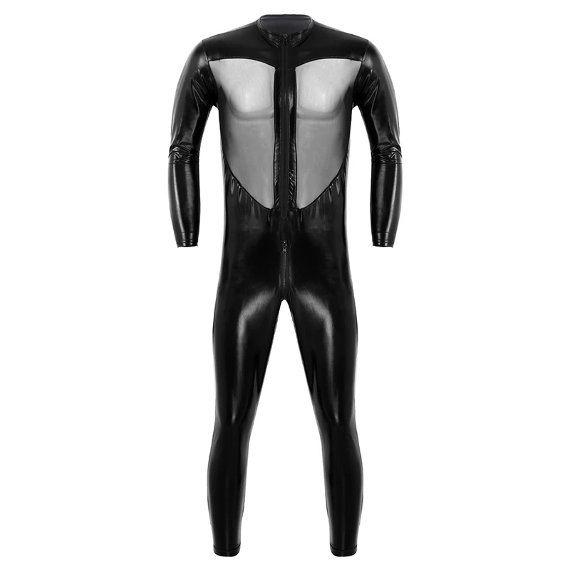 Cosplay&ware Halloween Black Unisex Sexy Metallic Shiny Zentai Catsuit Men Women Mesh Splice Full Bodysuit Cosplay Costume Latex Suit -Zentai shop online