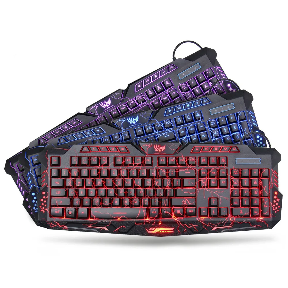 

3 Colors Switchable Backlit Gaming Keyboard USB Wired Red/Purple/Blue LED Lights Ergonomic Keyboards for Computer Gamer