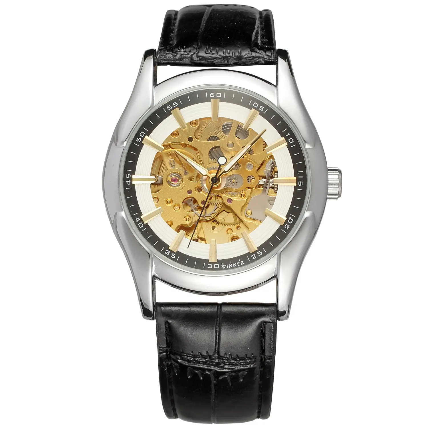 

WINNER Watch Royal Carving Automatic Black Leather Strap Gold Case Hollow Skeleton Designer Watches Men Luxury Brand Wristwatch