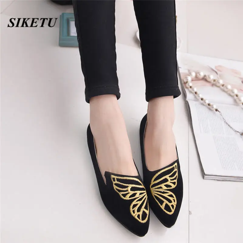 

2019 New Fashion Women's Flats Shoes Ladies Embroidery Butterfly Suede Shoes Soft Slip-On Pointed Toe Casual Female Shoes @C