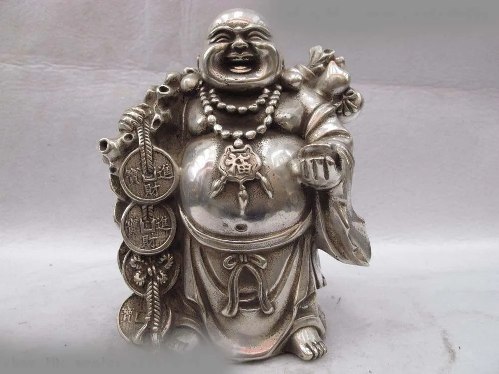 

Chinese Folk White Copper Bronze Silver Lucky Wealth Coin Maitreya Rohan Statue SD 506