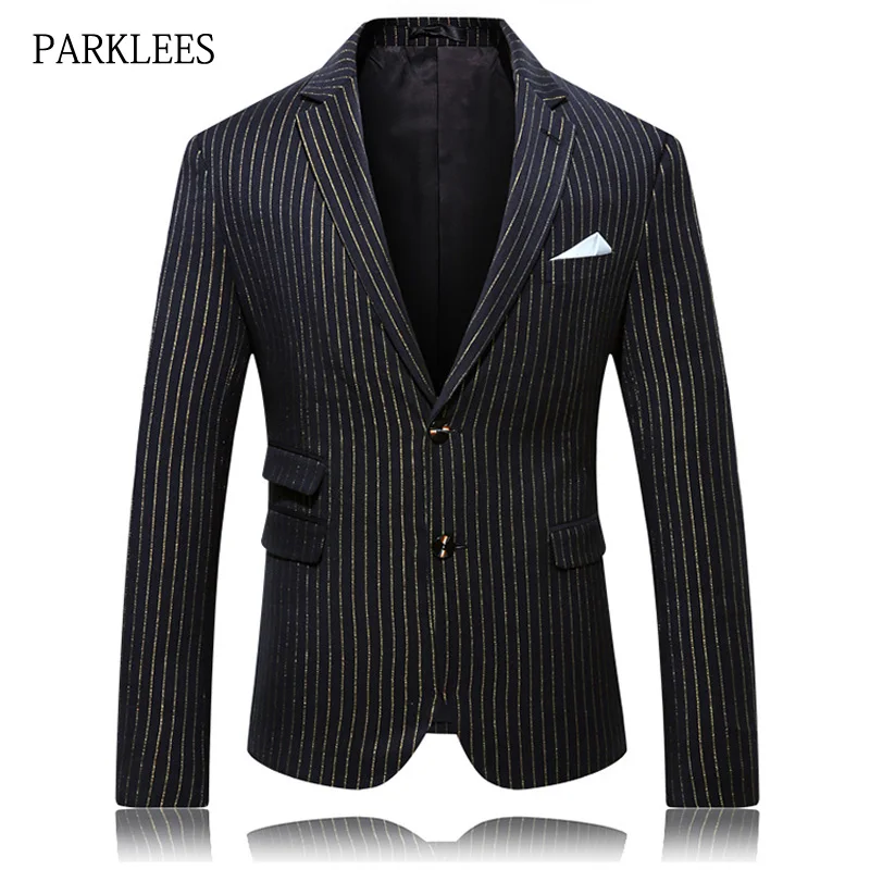 

Gold Striped Blazer Men Flat Collar Slim Fit Mens Suit Jacket Brand Black Stylish Wedding Party Singer Costume Blazer Masculino
