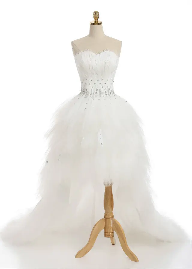 White Prom Dresses Long 2018 Elegant Feather Rhinestone High Low Plus