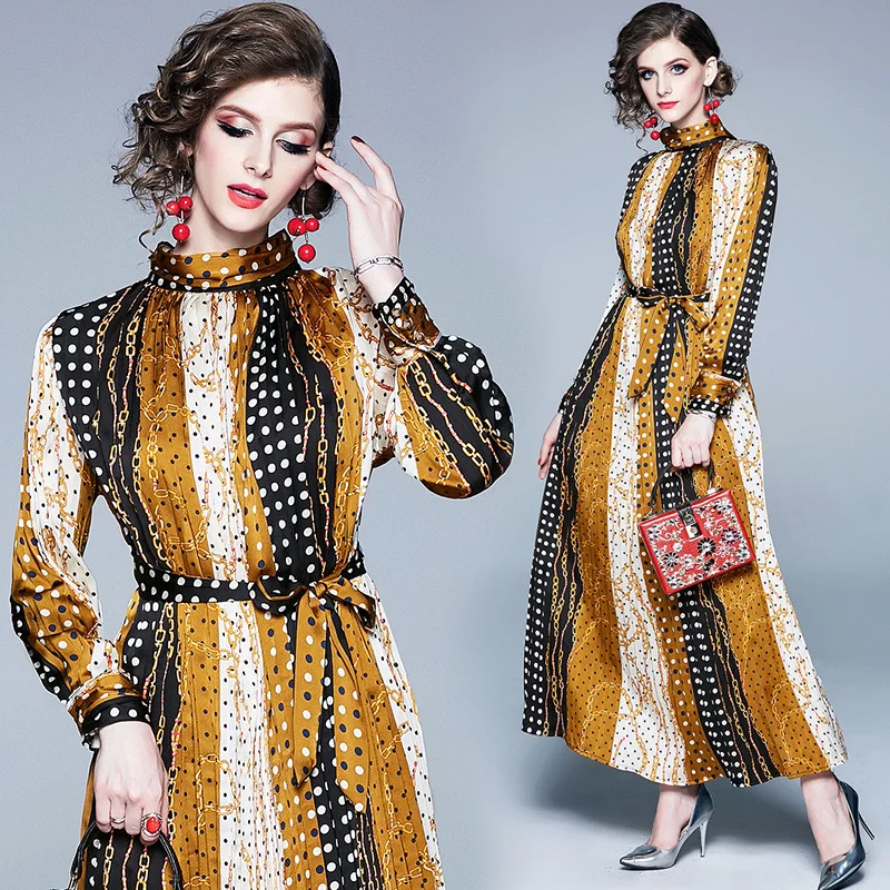 

2019 Spring Summer Fall Runway Vintage Floral Print Stand Neck Sashes Long Sleeve Empire Waist Women Casual A-Line Maxi Dress