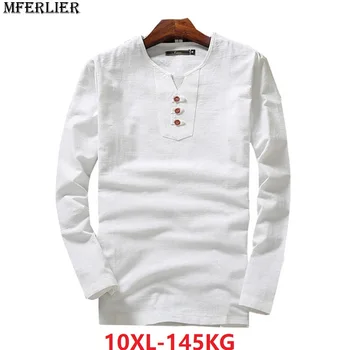 

autumn men linen tshirt long sleeve V-neck cotton large size 5XL 6XL 7XL 8XL 10XL china style vintage japan style t-Shirt blue
