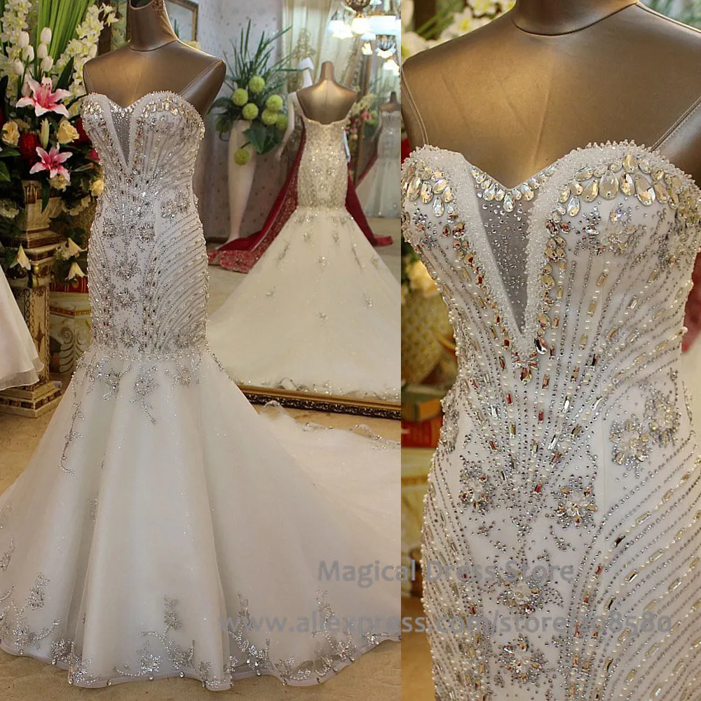 Real Picture Mermaid China Wedding Dresses Crystal Tulle Corset Back Rhinestone Bridal Gowns