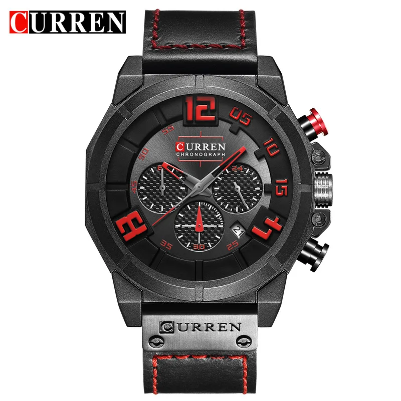 CURREN 8287 Топ бренд хронограф кварцевые часы для мужчин 24 часа дата мужские спортивные кожаные Наручные часы - Цвет: black red