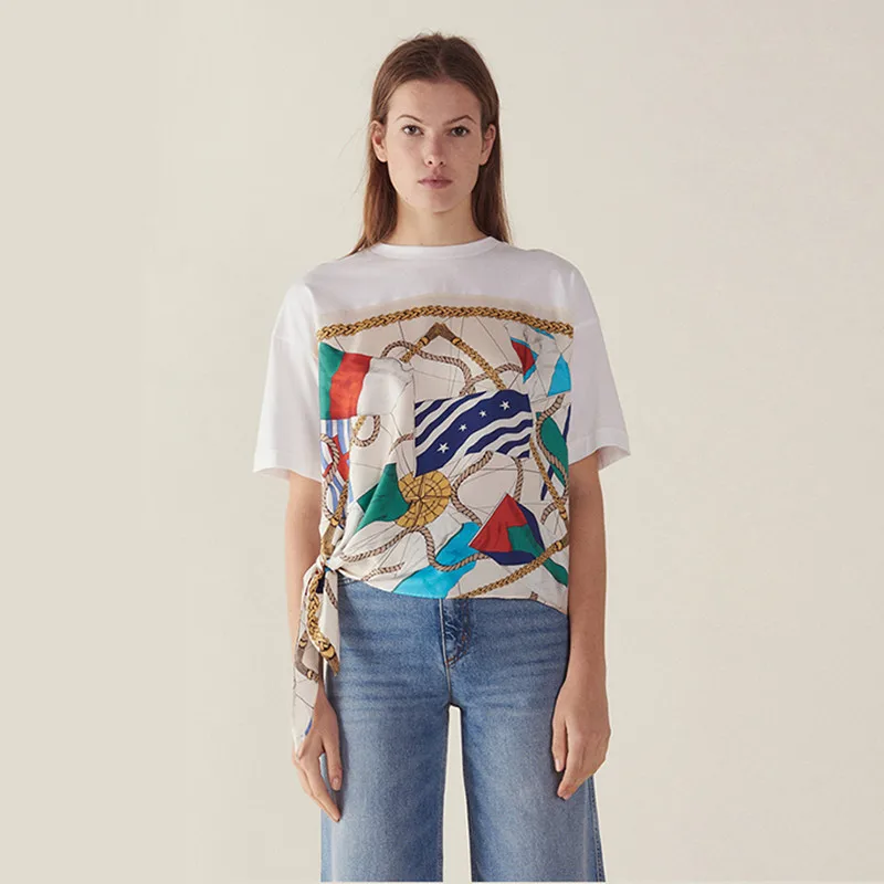 

2019 New Women White Short Sleeve Chain Print Asymmetry Summer T Shirt