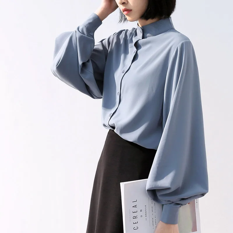 Шифоновая женская рубашка с рукавами-фонариками, новинка, модная дизайнерская одежда, Корейская винтажная рубашка со стоячим воротником, синие, черные, белые рубашки - Цвет: Blue
