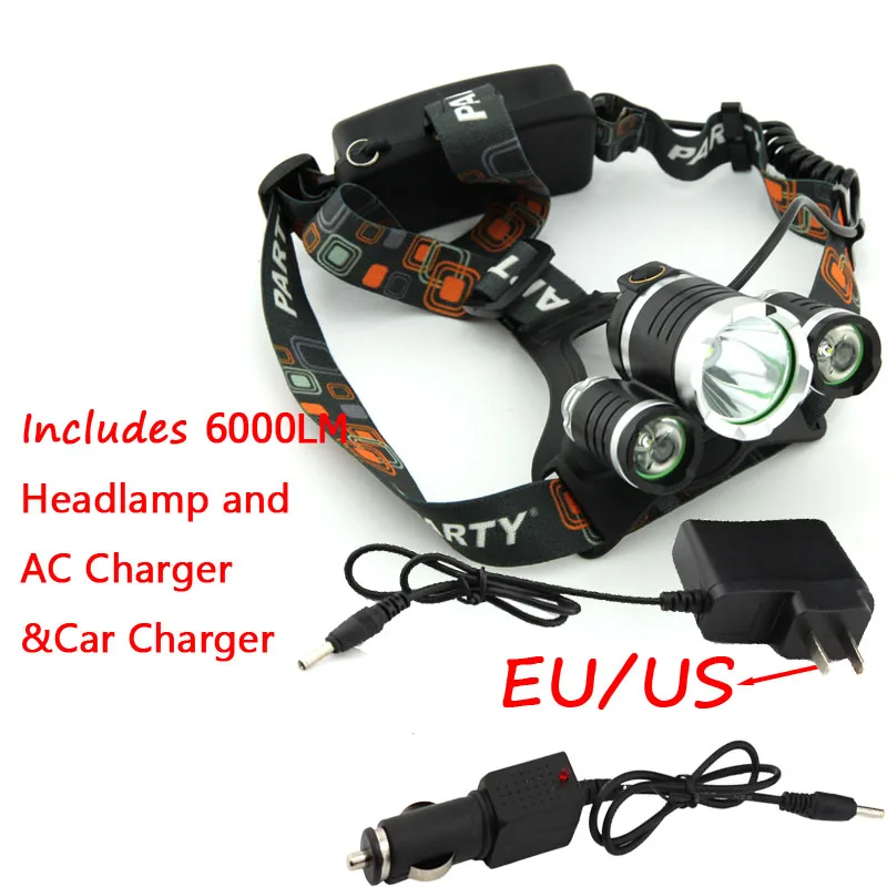 

Wholesale Price! RJ3000 6000 Lumens XML T6 +2R5 3 LED Headlight,Headlamp,Fishing,Head Lamp Light +AC Charger+Car Charger