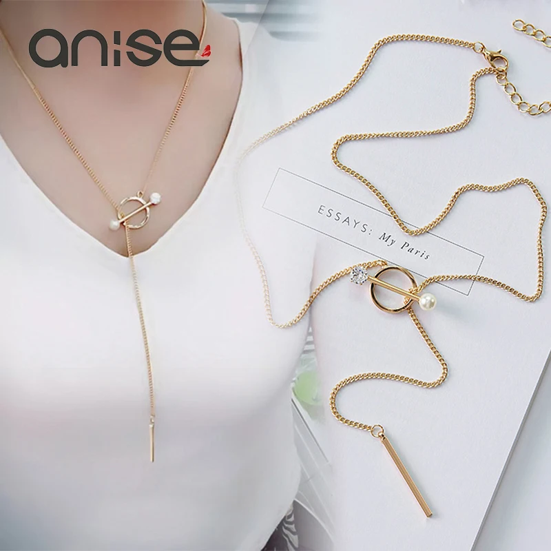 

Fashion Simple Long Necklace Sweater Chain Rhinestone Crystal Imitation Pearls Pendant Necklace For Women Jewelry Collier Femme