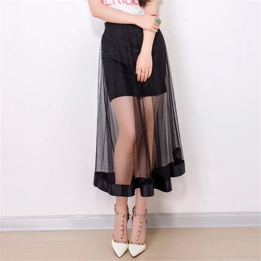 2018 New Spring Summer Perspective Long Skirts Elastic Waist Mesh Skirt ...