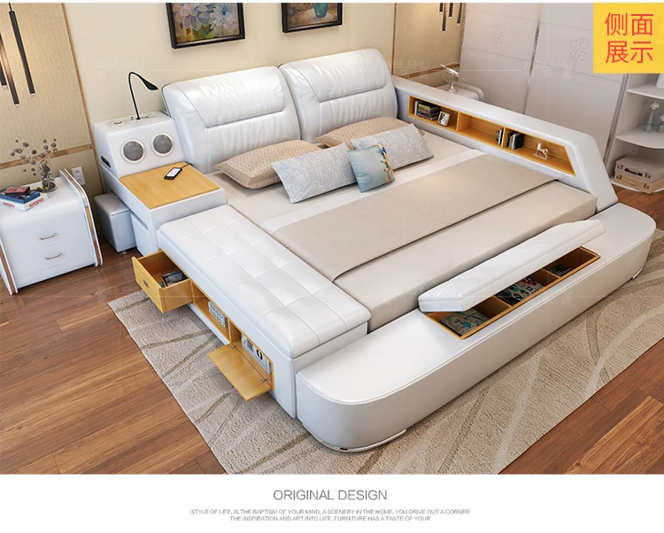 Кожаная кровать с функцией массажа, белая, новейшая кожаная кровать king, многофункциональная, дизайнерская кровать, современная кровать из натуральной кожи