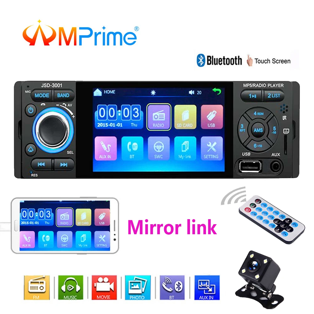

AMPrime 1 din Car Radio Mirror Link Bluetooth Autoradio Touch Screen Auto Stereo Video Usb/Aux player MP5 With Rearview Camera