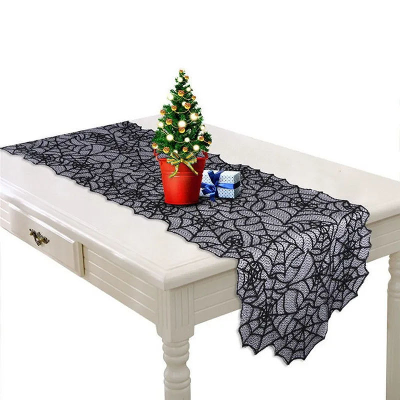 1pc 46*183cm Halloween Spider  Table Runners Black Lace Tablecloth