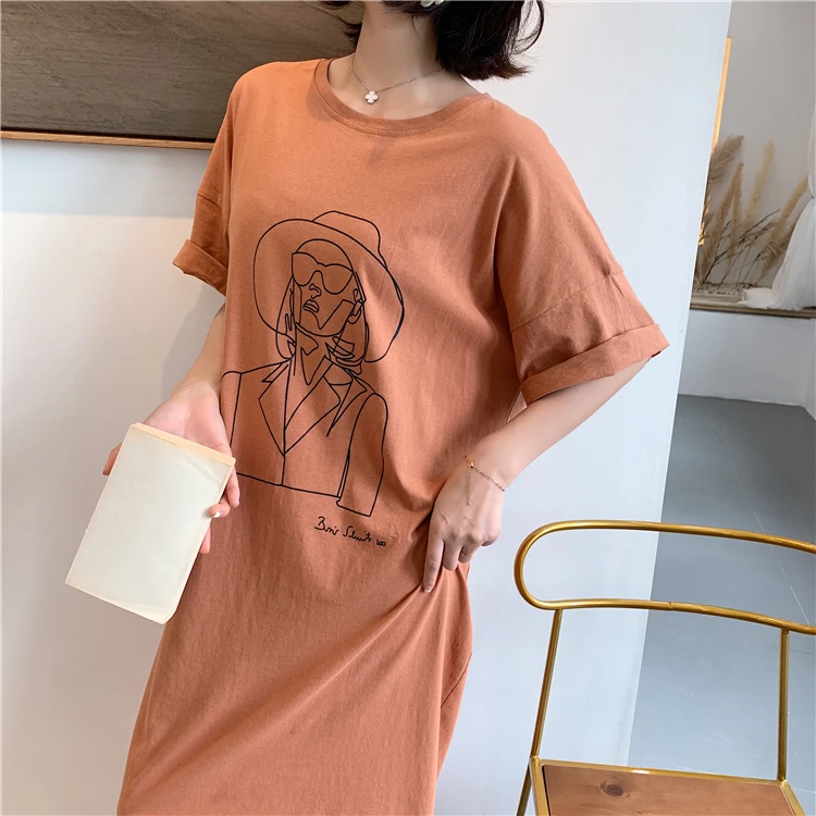 Fashion Cartoon Print Plus Size Summer Dress Cotton Casual O-Neck T-shirt Batwing Sleeve Women Dress Tops Vestidos De Fiesta