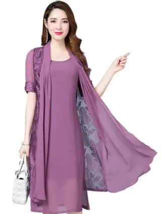 

Middle Age Women Summer Dress 2019 Vintage Print Two Piece Dress Plus Size Elegant Office vestidos largos Chiffon Dress DC941