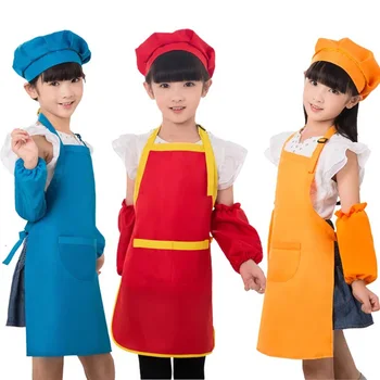 

15 colors Child Apron Kids Sleeve Hat Pocket Kindergarten Kitchen Baking Painting Cooking Drink food Enfant Tablier DelantalLogo