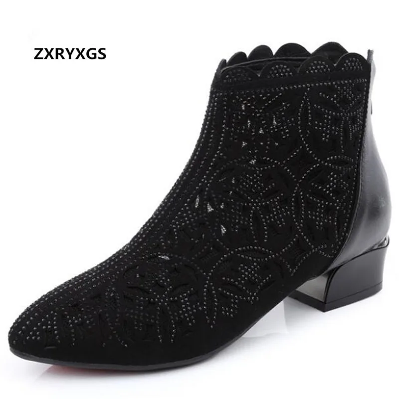 

2019 Pointed hollow superfine fiber cowhide leather boots women shoes fashion sandals lace rhinestone shoes low heel women boots