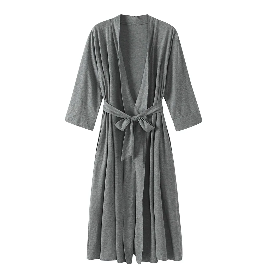 MUQGEW women nightwear sexy long bathrobe cotton Women's 4/3 Sleeve V-neck Lightweight With Belt Long Robe Bathrobe Sleepwear#g3