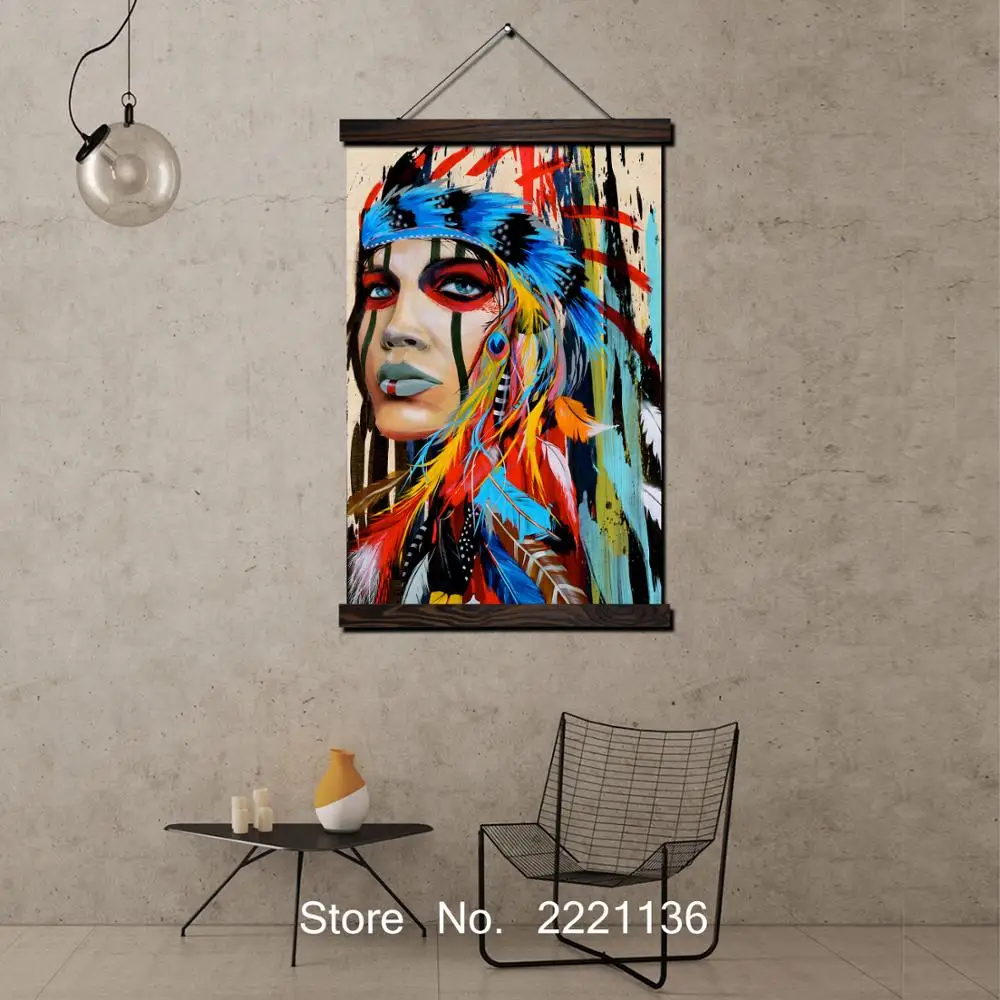 

American Indiain Girl Framed Scroll Painting HD Wall Art Hanging Canvas Painting HD Printed Pictures for Living Room Decoration
