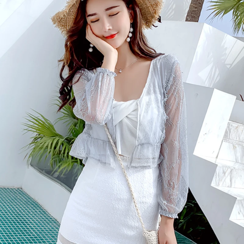 

New 2019 Summer Blouse women Flare Sleeve Lace Chiffon Plus Size Sunscreen Shirt Female Fashion Loose Blouses Office Lady Top