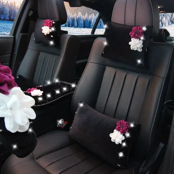

Roses Flower Car Interior Deco Crystal Plush Car Steering Wheel Cover Seat Belt Gear Shift Set Auto Accessories for Women Girls