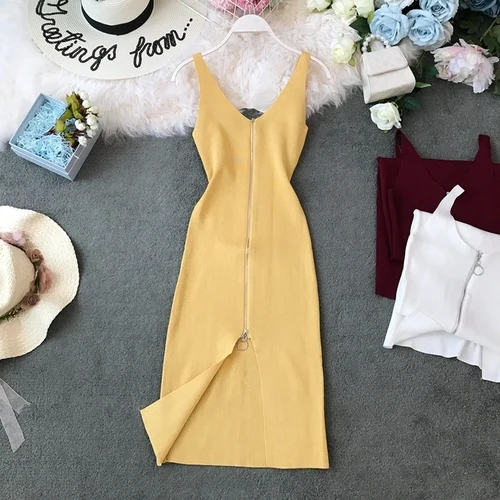 Новые модные женские платья, летнее тонкое трикотажное платье с v-образным вырезом, приталенное платье средней длины - Цвет: Цвет: желтый