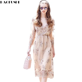 2017 Vestido Womens Evening Party Dresses V Collar long Sleeve Sexy Night Club Woman Sequined dress Vestidos femininos