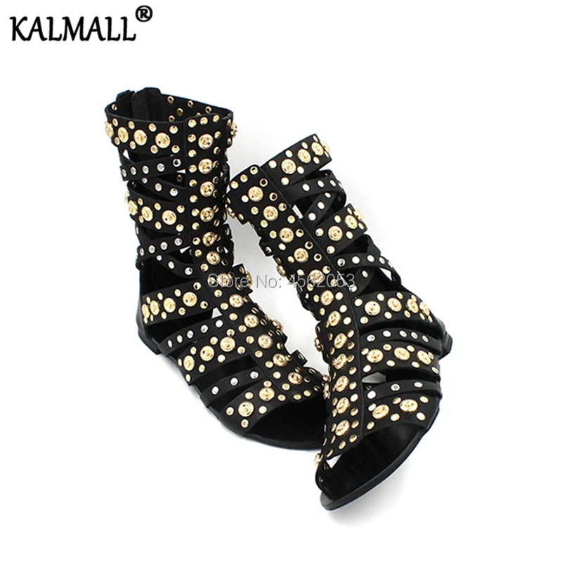 

KALMALL Cut Outs Peep Toe Summer Boots Black Leather Luxury Shoes Female Back Zip Studded Rivet Gold-tone Flat Gladiator Sandals